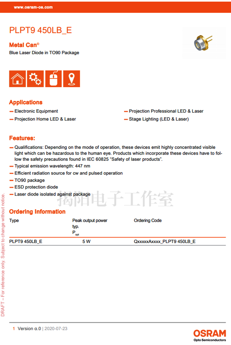 OSRAM PLPT9 450LB_E 447nm 5W Blue Laser Diode