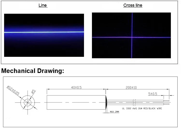 Glass Lens 24V DC Input 10mW 30mw 50mw 80mw 100mw 150mw 200mw 405nm Blue Cross Line Laser  Module D12x40mm Industrial Grade