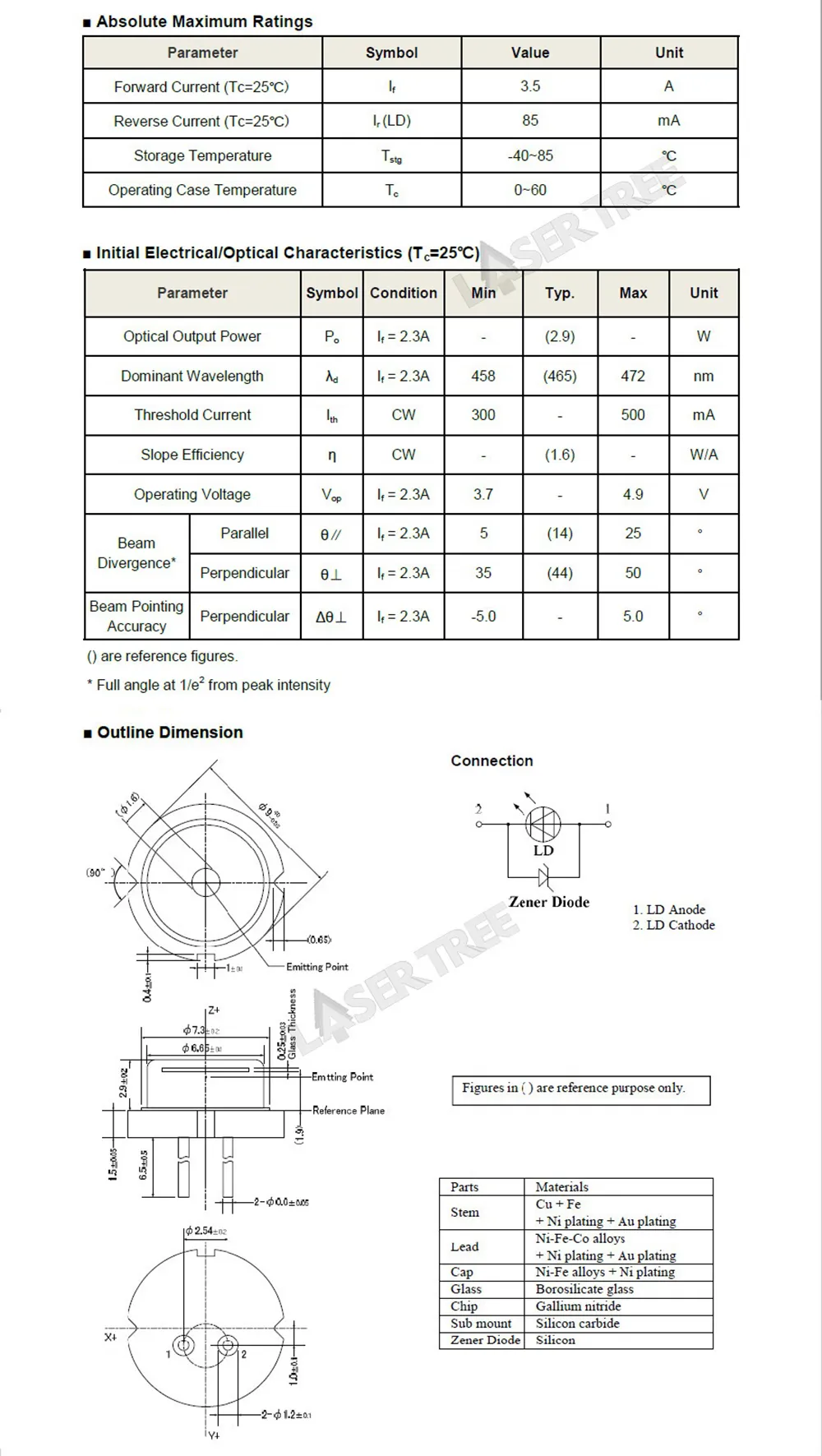 465nm 3W TO-5 9mm Blue Laser Diode