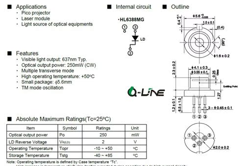 original Hitachi HL6388MG 250mw 635 638nm high-power orange-red laser diode multi-mode tube housing is negative