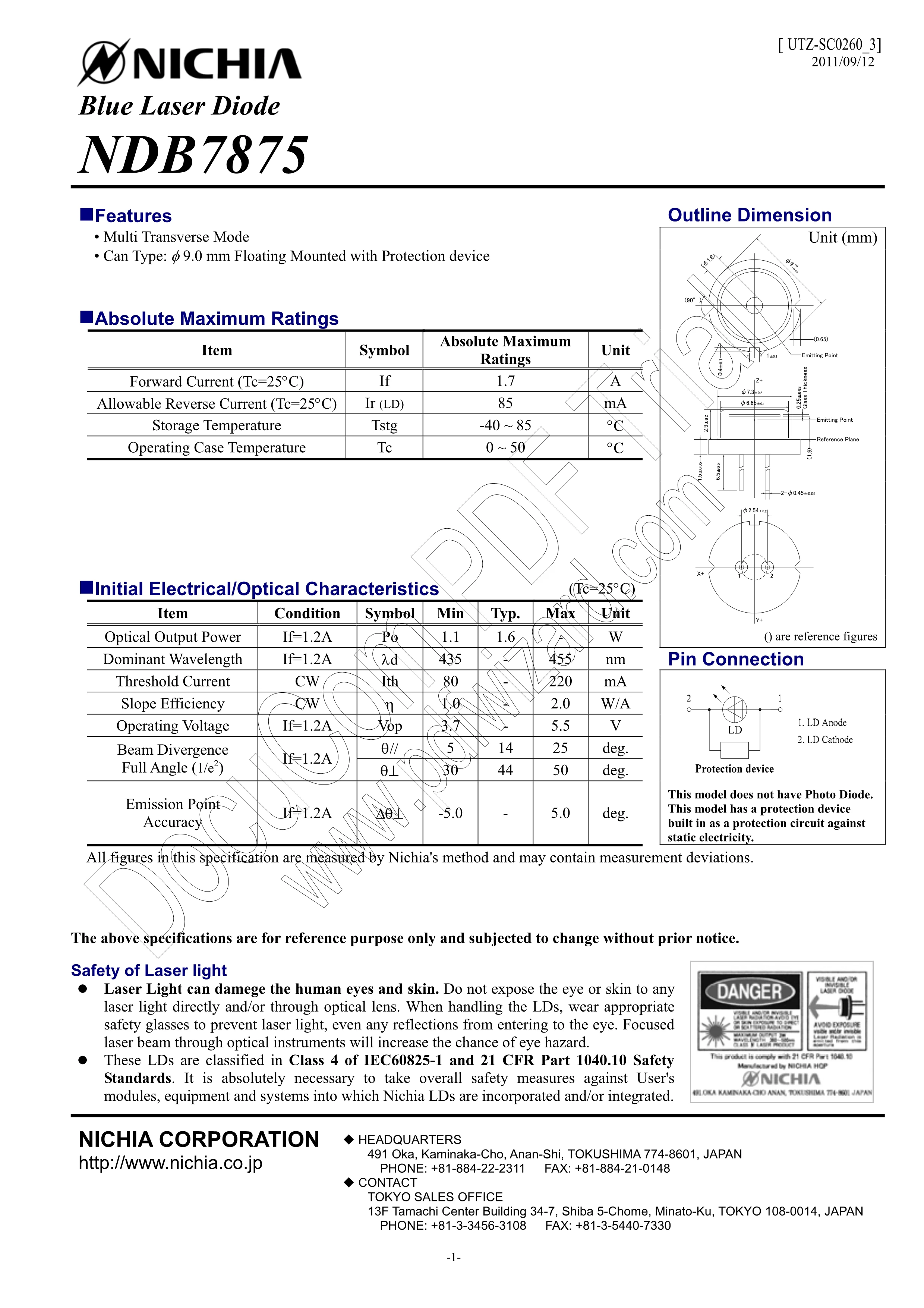 Nichia NDB7875 TO5-9mm Blue 445nm 1.6W-2W Laser Diode for Engraving