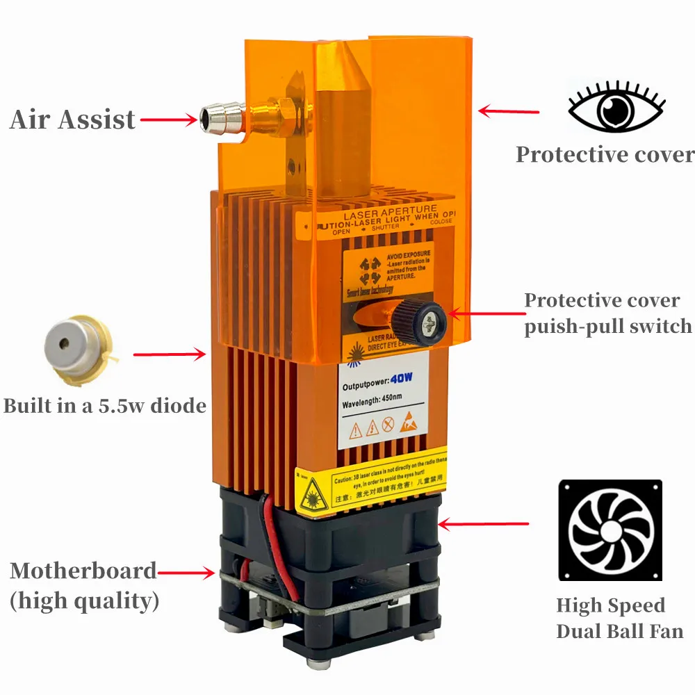 80W laser module with air-assisted device 40W laser head 450nm blue TTL smart tool for laser engraving machine wood cutting