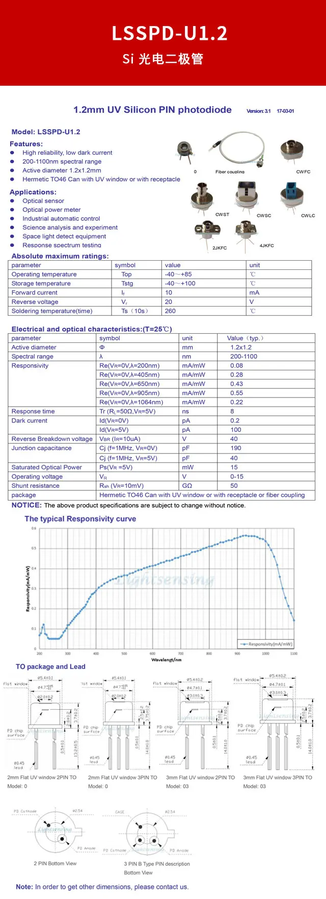 LSSPD-U1.2 200-1100nm 1.2mm UV enhanced silicon photodetector diode