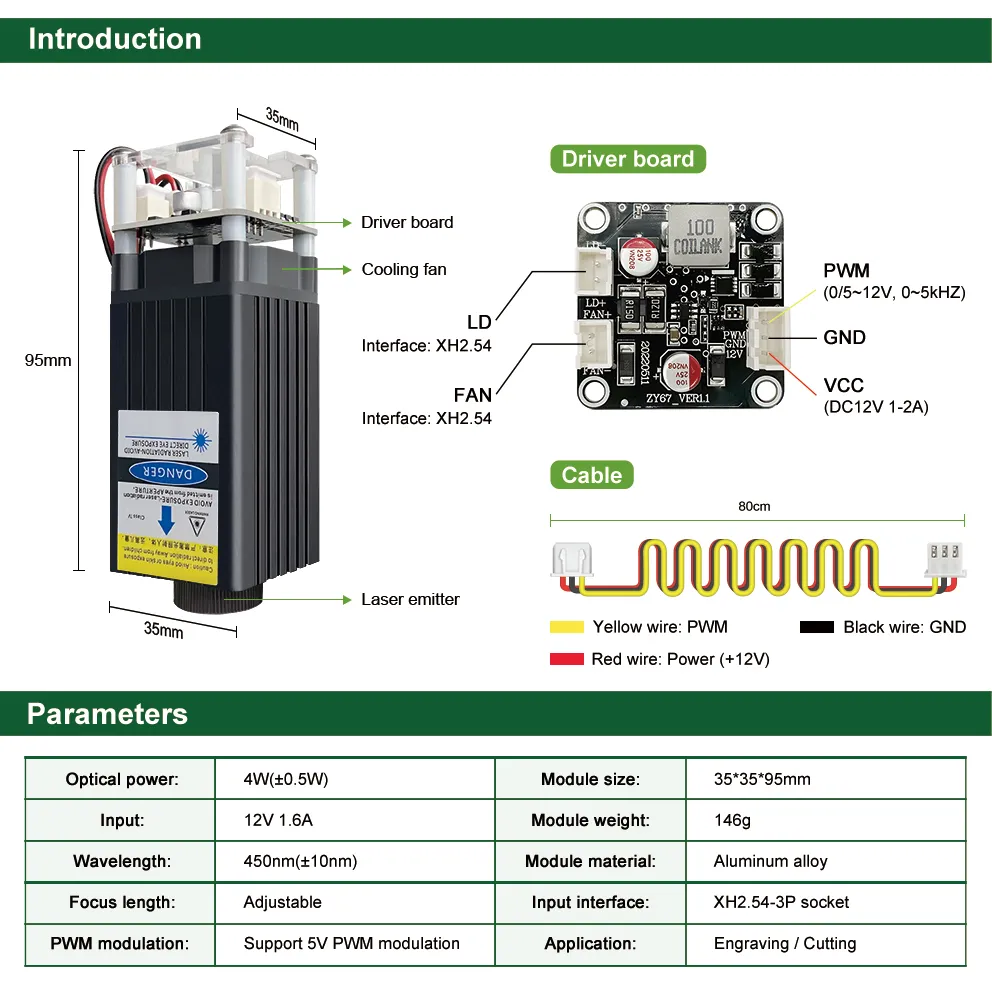 450nm 20W 40W CNC Laser Module  TTL Blue Light with Interface Adapter Board for Laser Engraving Machine