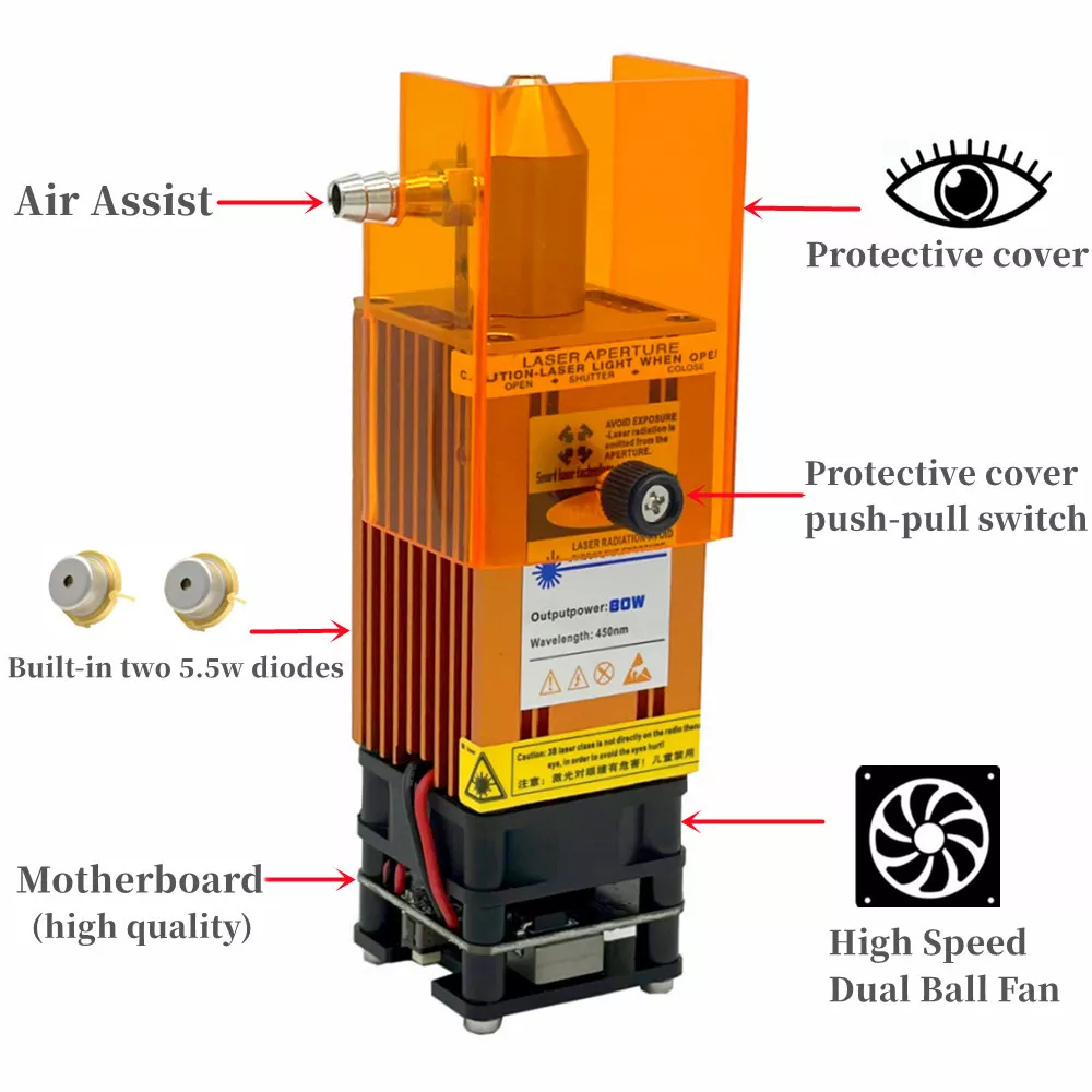 80W laser module with air-assisted device 40W laser head 450nm blue TTL smart tool for laser engraving machine wood cutting