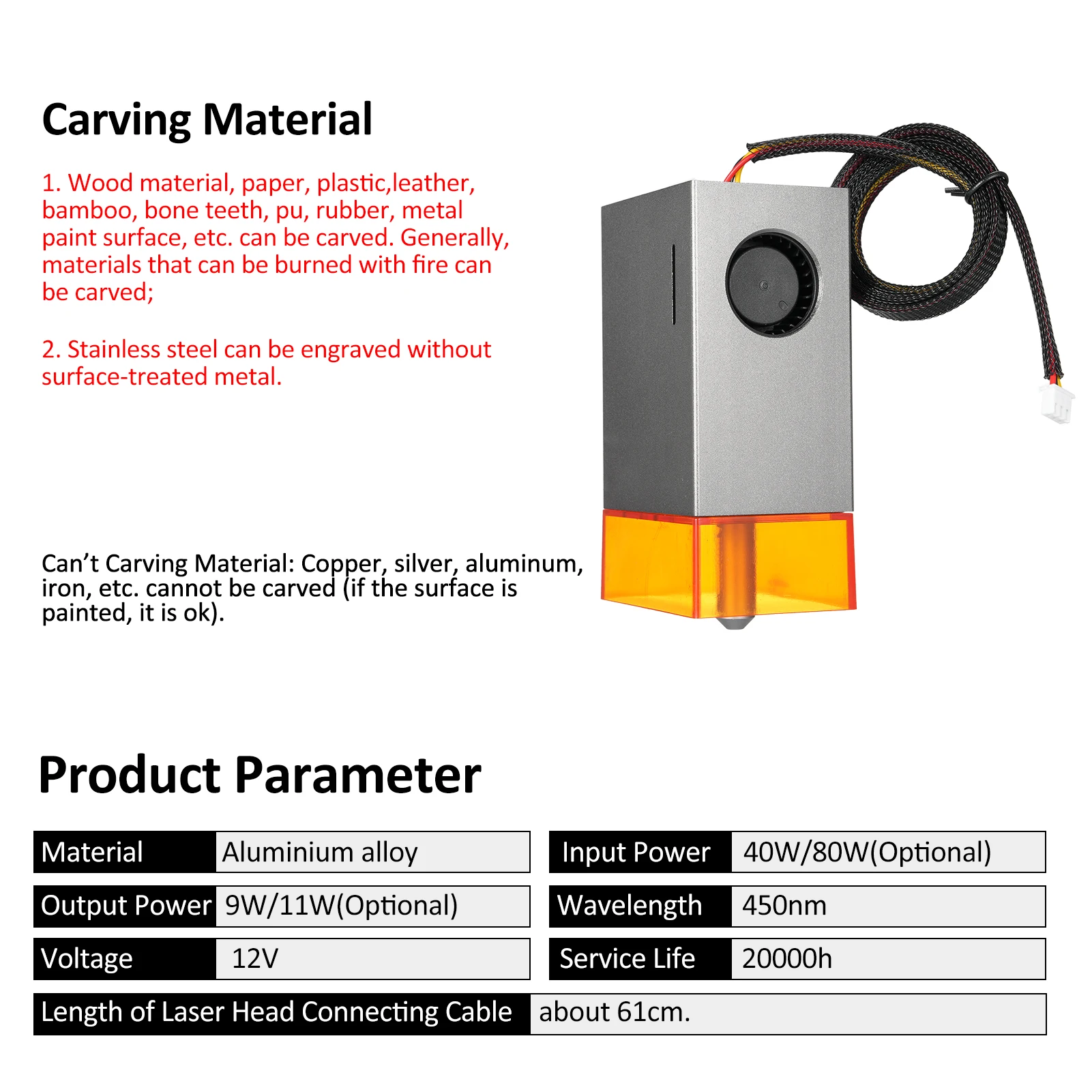 450nm 40W/80W Alloy Laser Module Laser Engraving Module Laser Head Module Built-in Air Pump with Air Auxiliary Function