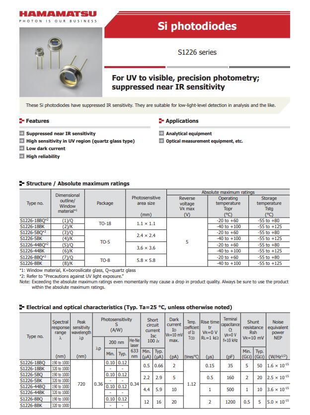 Original Hamamatsu S1226-18BK S1226-18BQ silicon photocell diode with high sensitivity