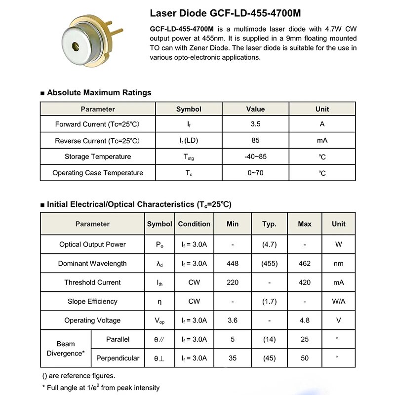 Nichia NUBM08 flat cap 450nm 5W Laser diode single tube LD move collimator lens with flat window package